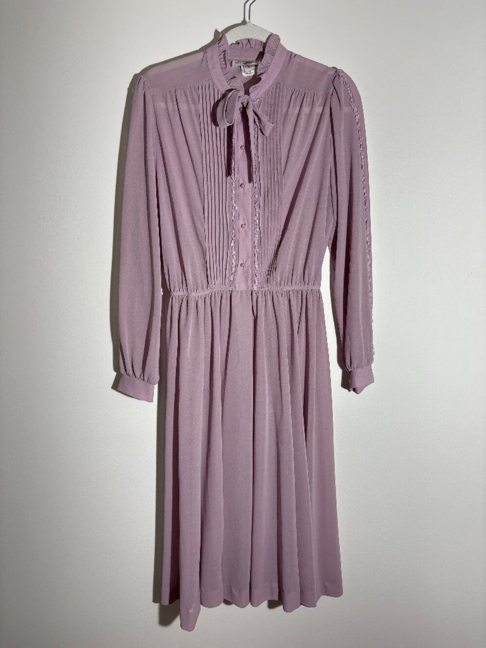 Vintage 70s Discovery Fashions Pleated Secretary Dress Mauve ILGWU Tag